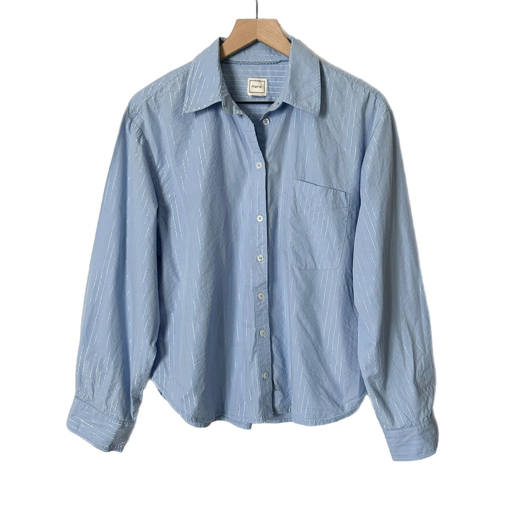 NEW Maeve Anthro Button Down Shirt Light Blue Metallic Silver Stripe Size Small